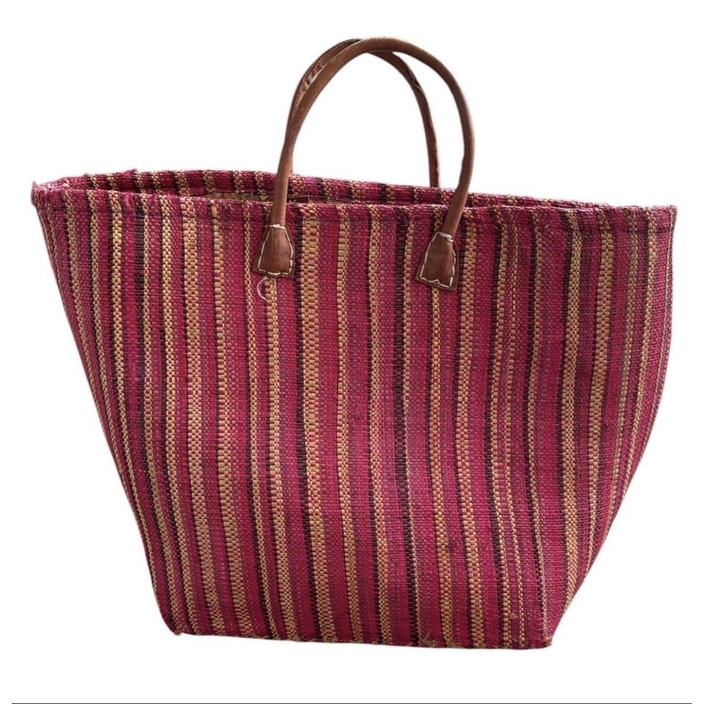 Le Comptoir de la Plage Pink Woven Straw Beach Basket Bag Tote 20" x 14